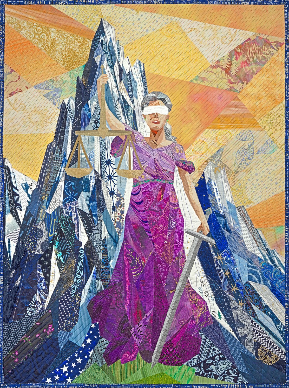 Lady justice quilted canvas art by Robin Beattie; Quilted Canvas Studios