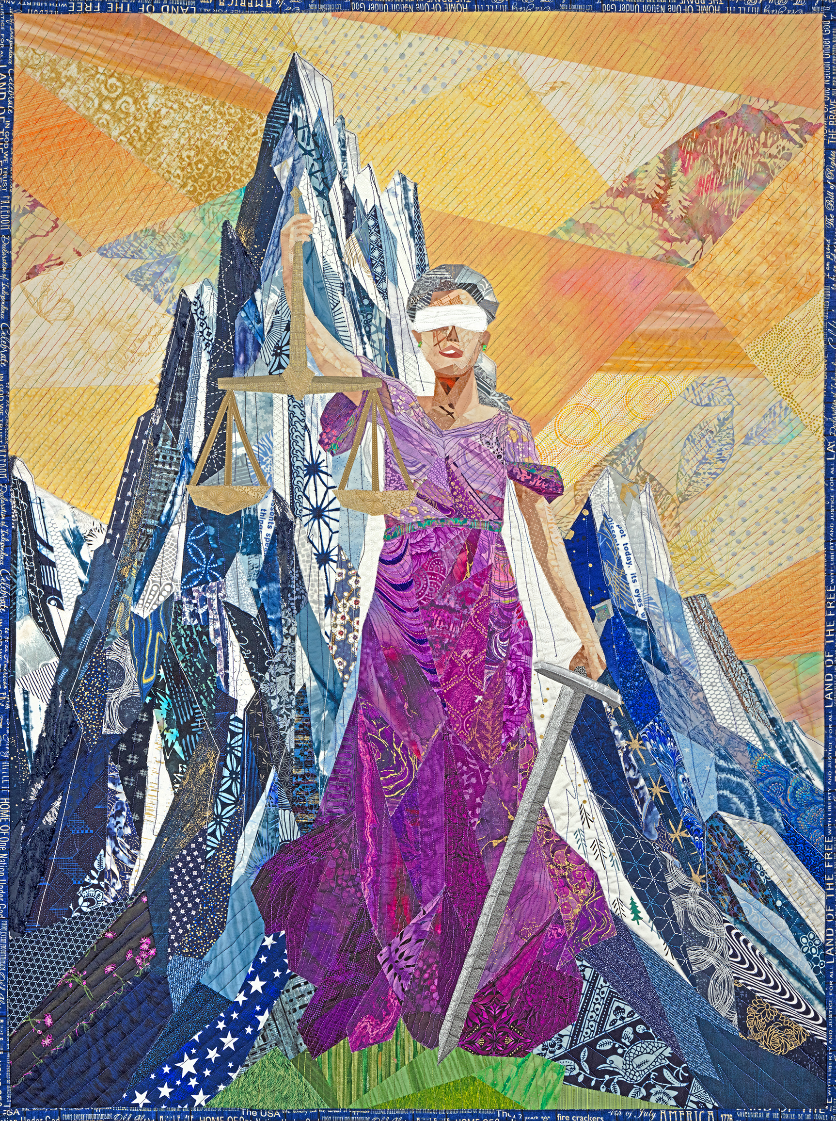 Lady justice quilted canvas art by Robin Beattie; Quilted Canvas Studios