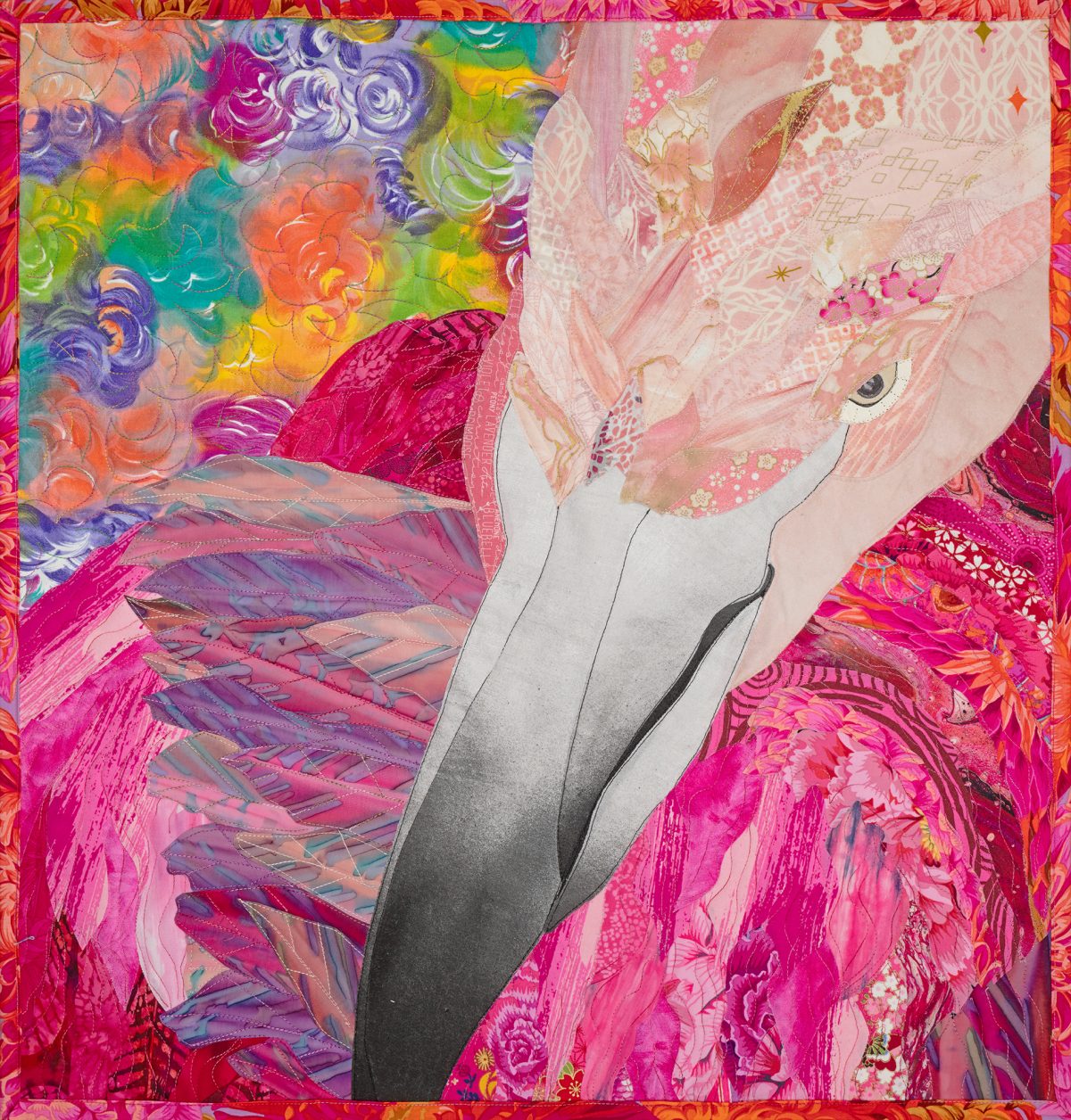 Lola the flamingo, quilted canvas art by Robin Beattie; Quilted Canvas Studios