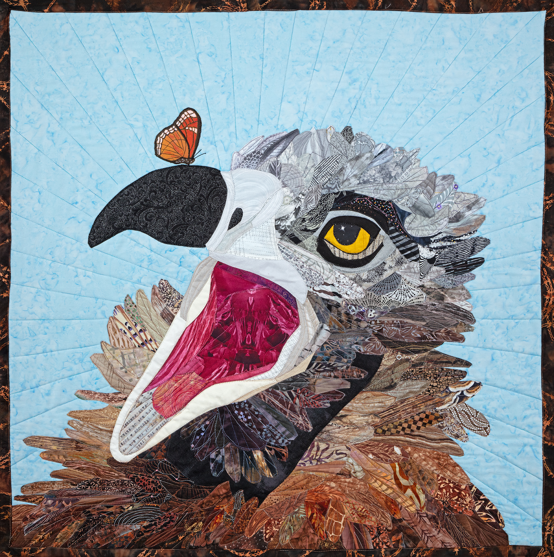 Meditation fail, vulture with butterfly quilted canvas art by Robin Beattie; Quilted Canvas Studios