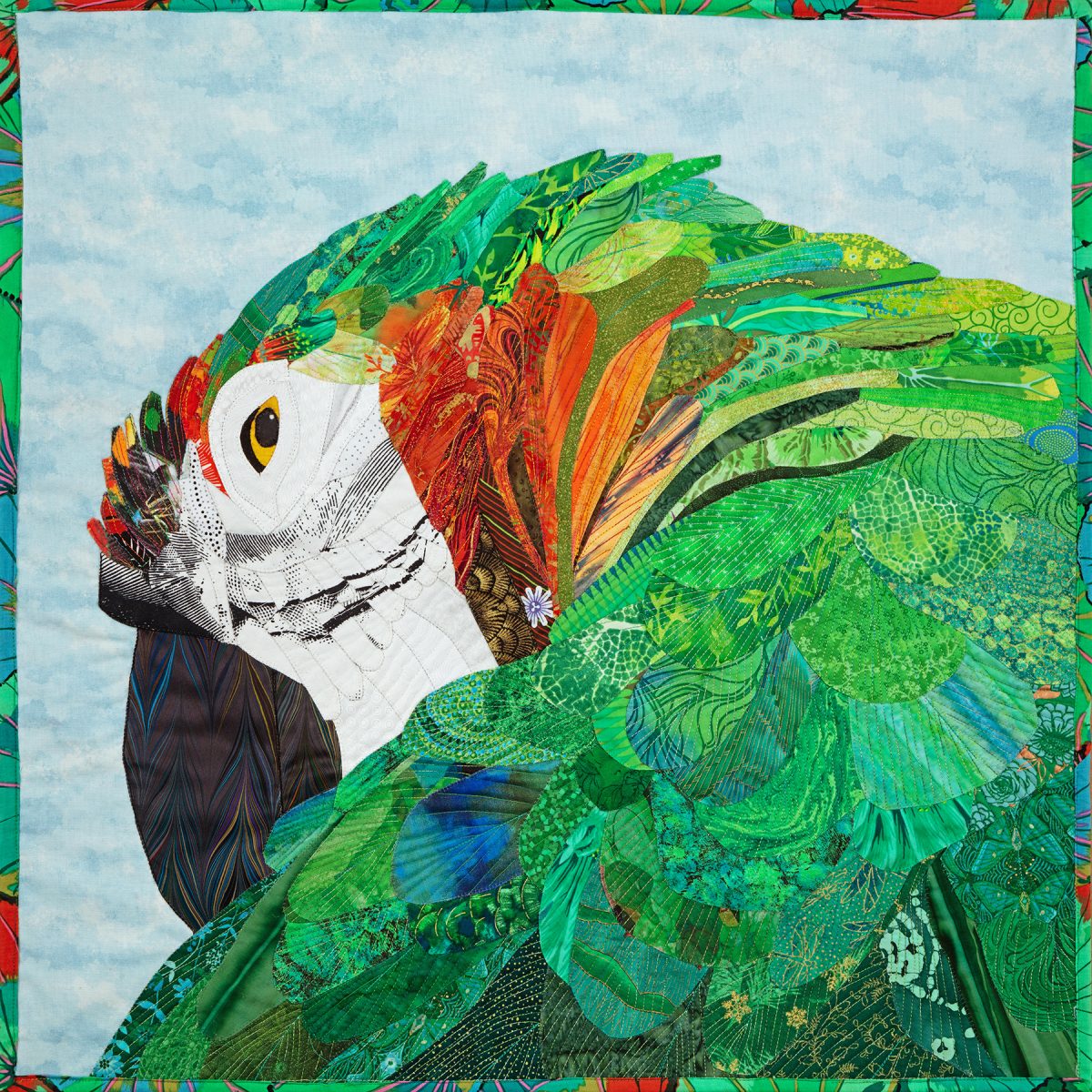 Side eye parrot quilted canvas art by Robin Beattie; Quilted Canvas Studios