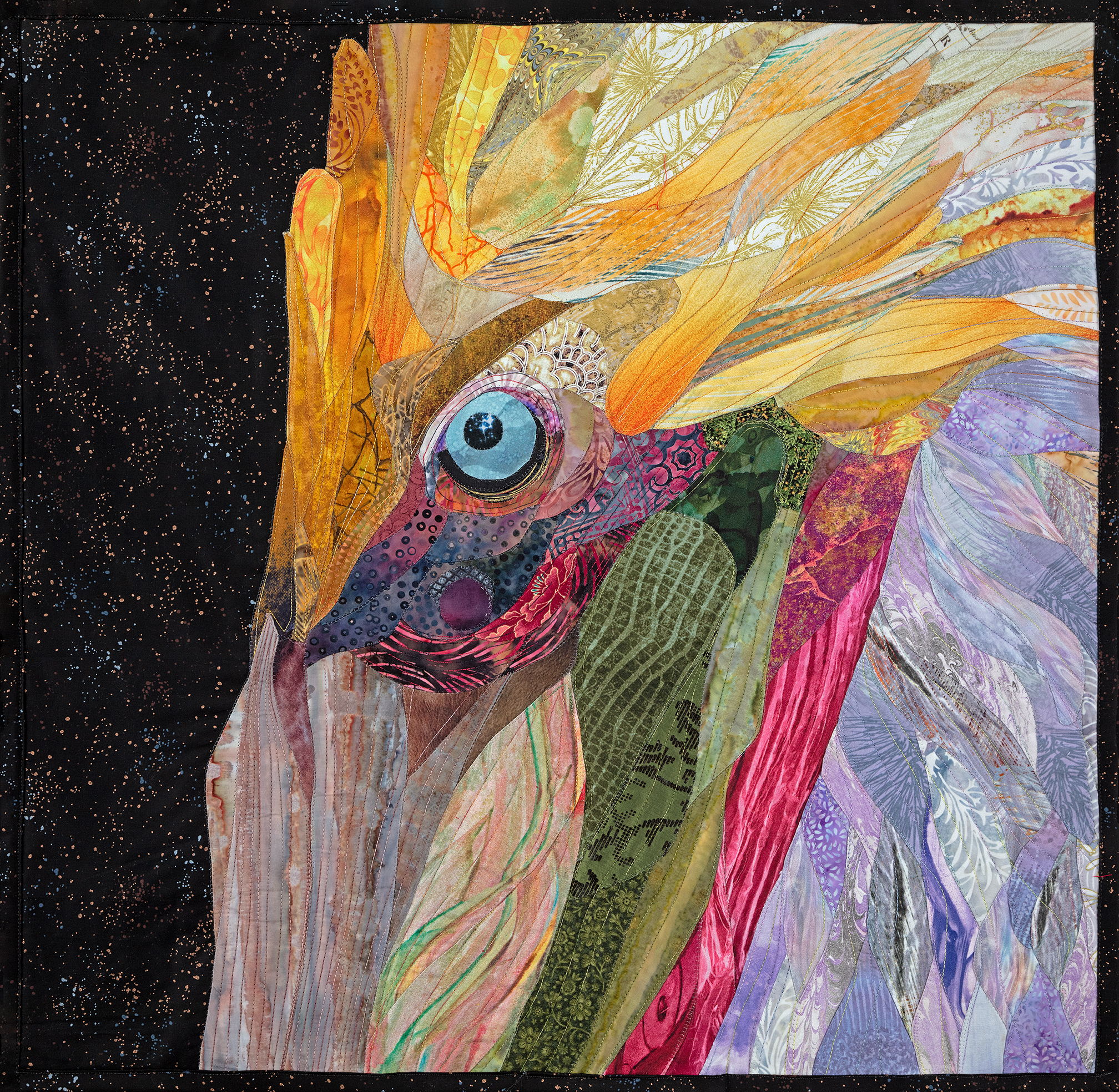 Oculus, Pelican quilted canvas art by Robin Beattie; Quilted Canvas Studios