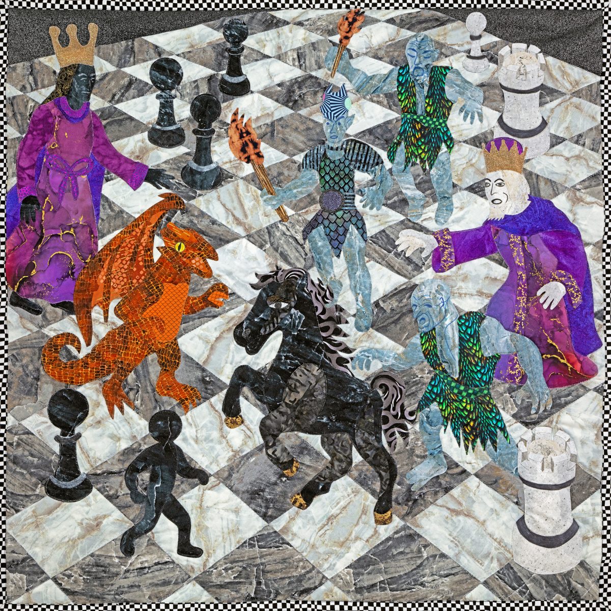 Midnight at the Gaming Store quilted art by Robin Beattie