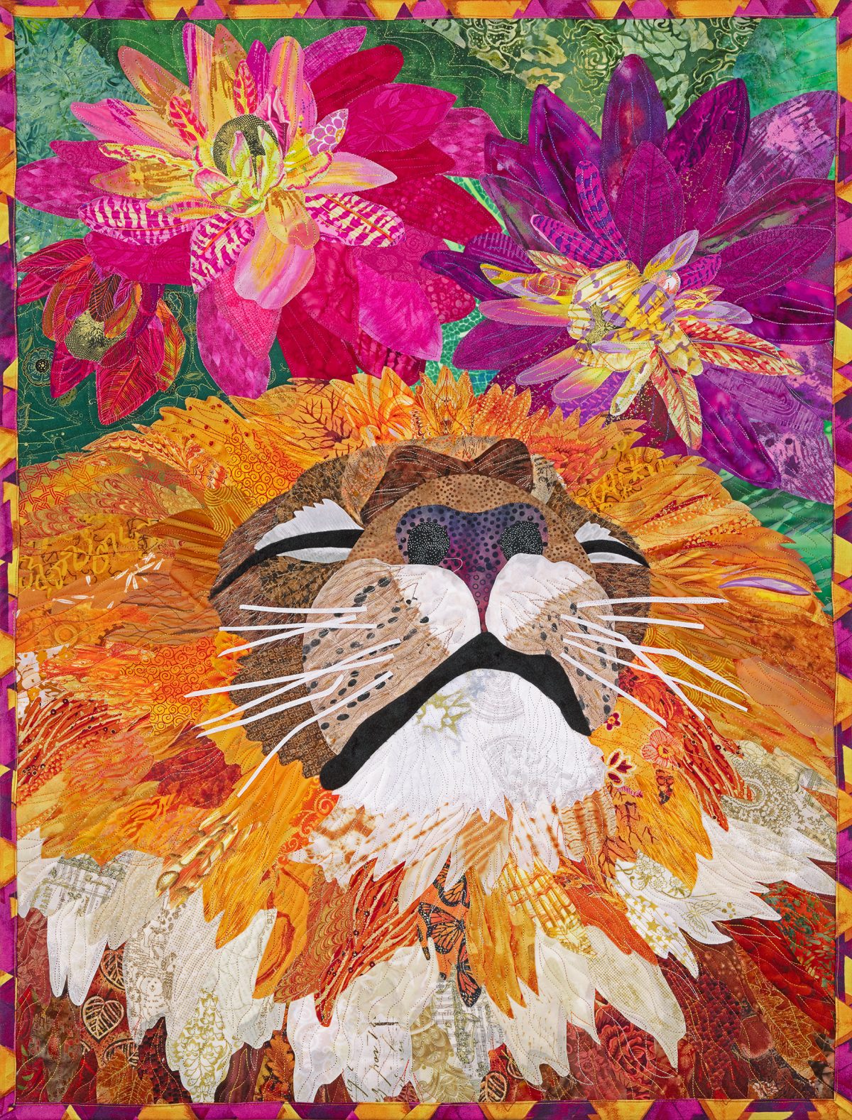 Sentient. A peaceful lion basking in a couple of flowers; Quilted art by Robin Beattie