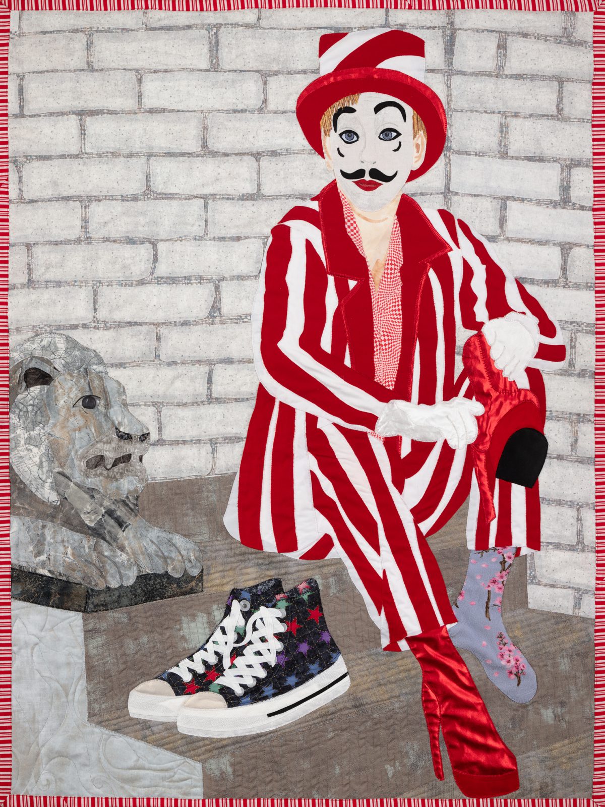 The Other Shoe. High contrast circus performer in Houston. Quilted canvas art by Robin Beattie.