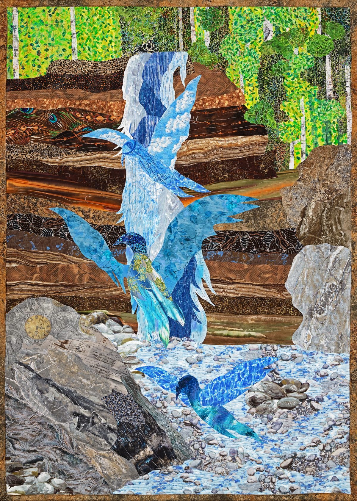 Wingfall by Robin Beattie. Three birds in front of a waterfall. Quilted canvas wall art by Colorado artist Robin Beattie.