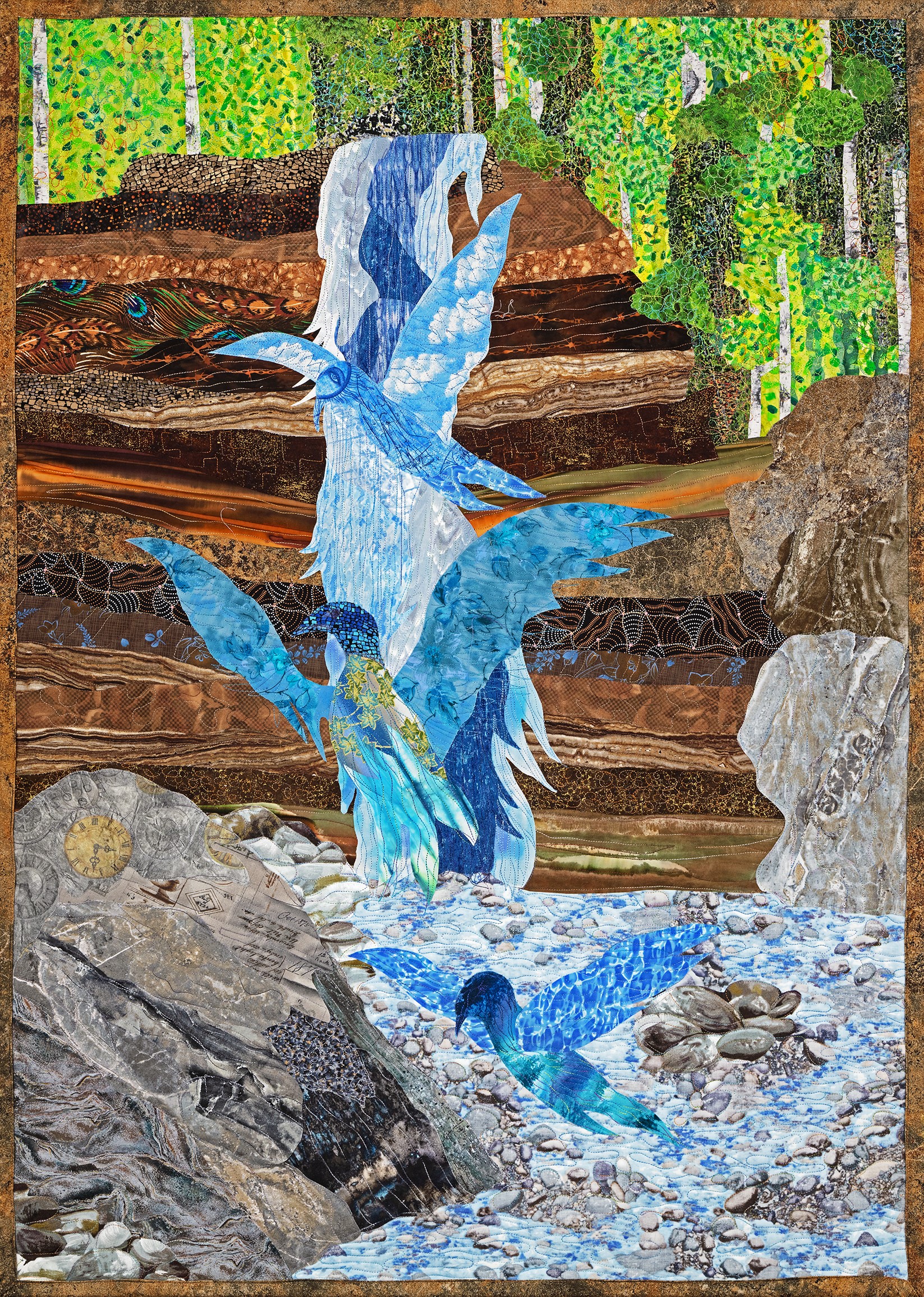 Wingfall by Robin Beattie. Three birds in front of a waterfall. Quilted canvas wall art by Colorado artist Robin Beattie.